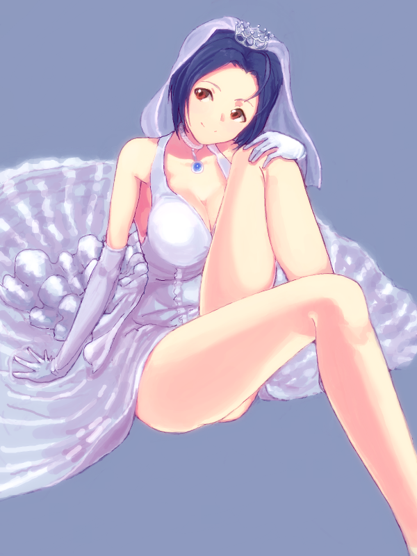 arm_support blue_hair breasts bridal_veil choker cleavage crown dress ed69 elbow_gloves gloves idolmaster jewelry large_breasts leg_hug legs long_legs miura_azusa pendant red_eyes short_hair simple_background sitting smile solo thighs veil wedding_dress
