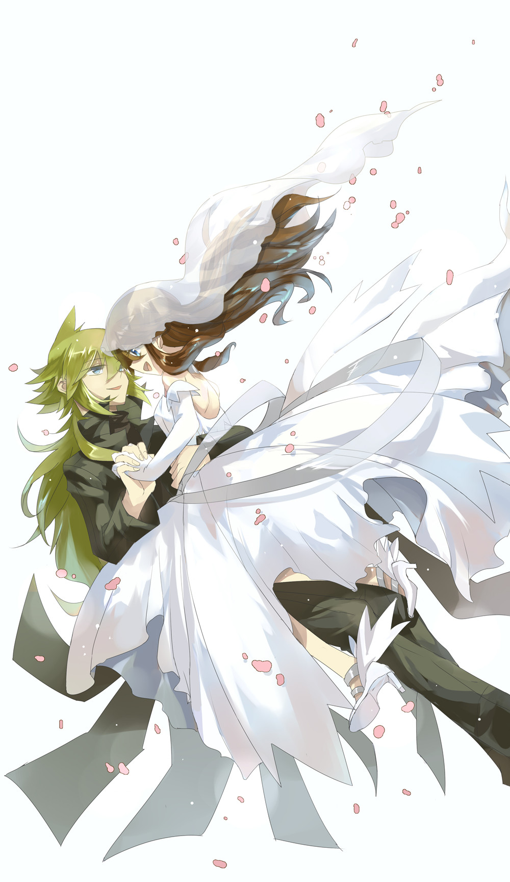 blue_eyes brown_hair confetti couple dress elbow_gloves eye_contact formal gloves green_hair hand_holding high_heels highres holding_hands jumping long_hair looking_at_another n_(pokemon) pokemon pokemon_(game) pokemon_bw rein_(artist) shoes suit touko_(pokemon) wedding_dress