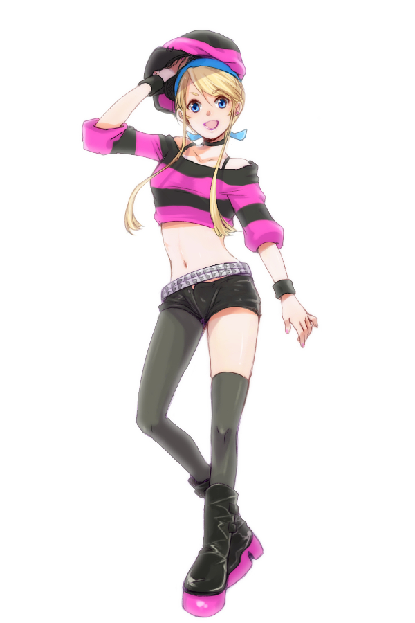 belt black_legwear blonde_hair blue_eyes boots casual choker cosplay crop_top hairband hat heroman holly_jones holly_jones_(cosplay) legwear_under_shorts lina_davis lipstick makeup midriff mismatched_legwear mokuba_(mokuba0w0) navel off_shoulder open_mouth over-kneehighs pantyhose payot short_shorts shorts simple_background smile solo standing striped stripes thighhighs unbuttoned white_background wristband