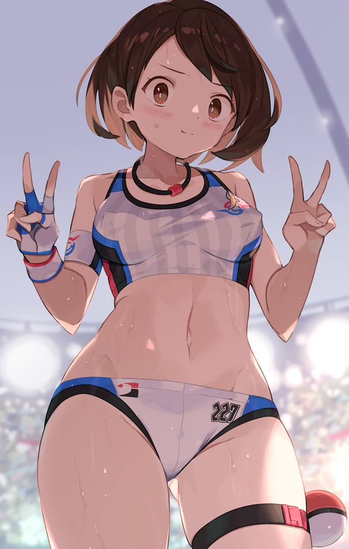 1girl adapted_costume blush bob_cut breasts brown_eyes brown_hair covered_nipples crop_top double_v embarrassed gloria_(pokemon) gloves gym_challenge_uniform medium_breasts micro_shorts number numbered poke_ball poke_ball_(basic) pokemon pokemon_(game) pokemon_swsh short_hair shorts single_glove spring20134 stadium sweat sweatdrop v