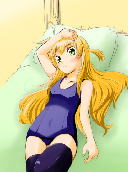 arisa_bannings blonde_hair blush colored cotonpot green_eyes long_hair looking_at_viewer lying lyrical_nanoha mahou_shoujo_lyrical_nanoha on_back school_swimsuit smile solo swimsuit thigh-highs thighhighs