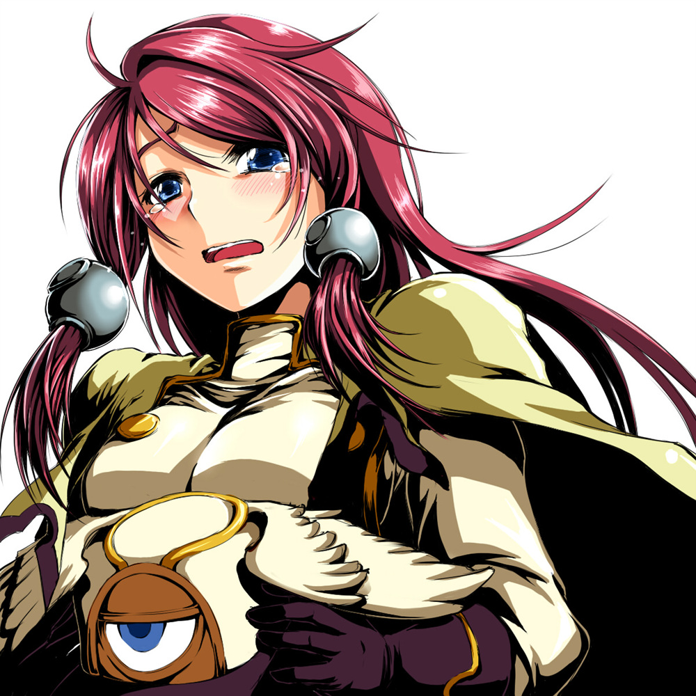 blazblue blue_eyes blush coat crying crying_with_eyes_open gloves hat hat_removed headwear_removed kyo9999 long_hair red_hair redhead solo tears tsubaki_yayoi white_background