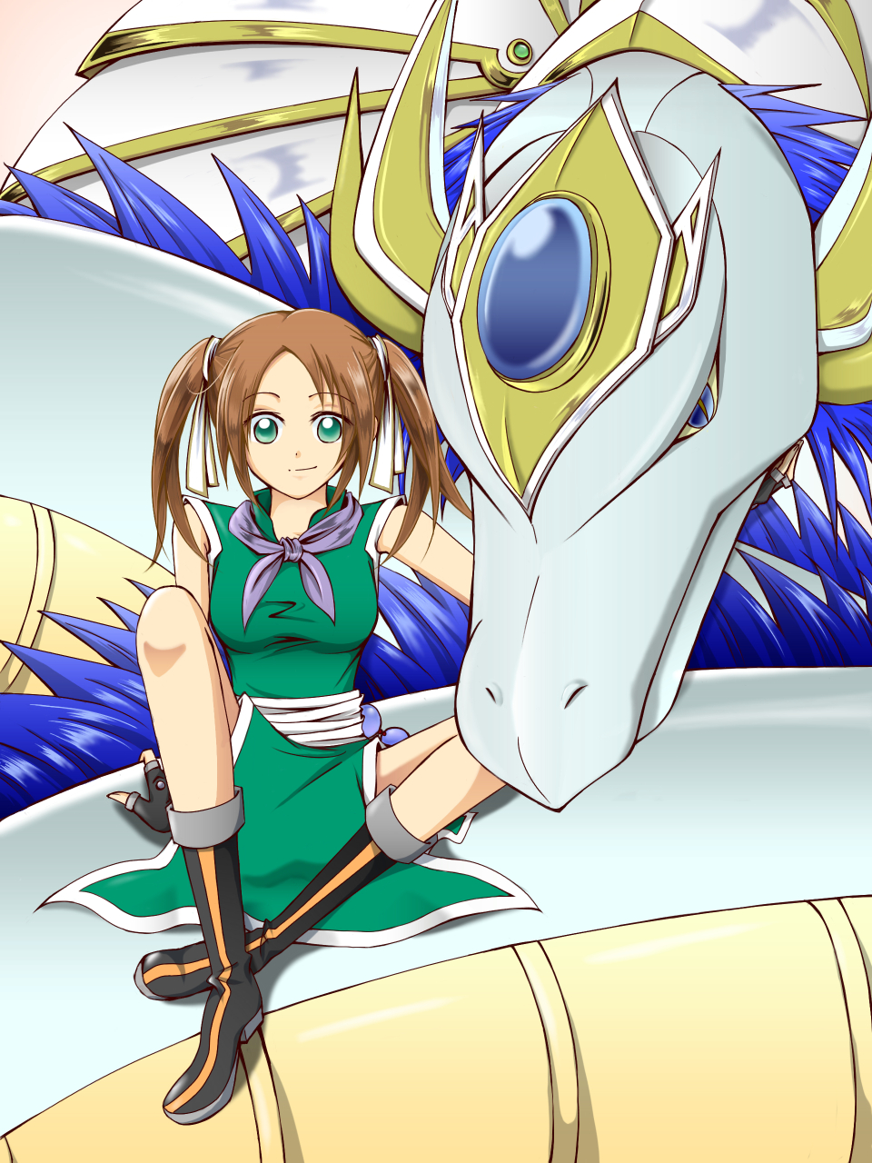 boots brown_hair china_dress chinese_clothes dragon dragon_quest dragon_quest_iii eastern_dragon fighter_(dq3) fingerless_gloves gloves green_eyes hair_ribbon highres kairyuuha ribbon scarf short_twintails smile twintails