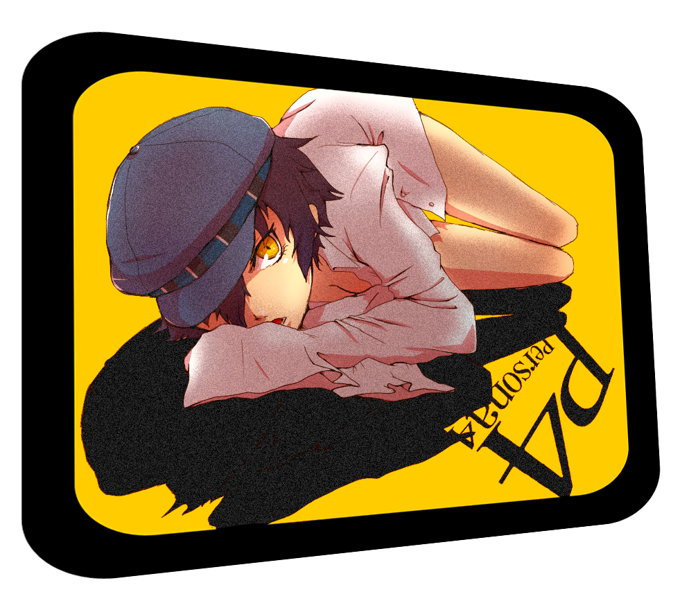 cabbie_hat hair_over_one_eye hat labcoat legs looking_at_viewer persona persona_4 r2r008 shirogane_naoto short_hair television thighs title_drop yellow_eyes