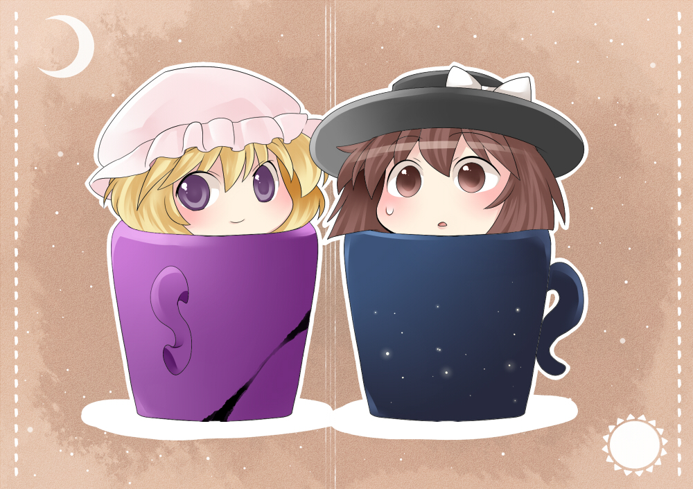 aenobas blonde_hair bow brown_eyes brown_hair chibi crescent cup hammer_(sunset_beach) hat hat_bow in_container in_cup maribel_hearn multiple_girls outline purple_eyes smile touhou usami_renko violet_eyes