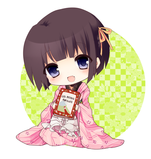 :d black_hair book chibi fang female french ikoku_meiro_no_croisee japanese_clothes kimono open_mouth short_hair smile solo text translated yukiusagi_(paretto) yune_(ikoku_meiro_no_croisee)