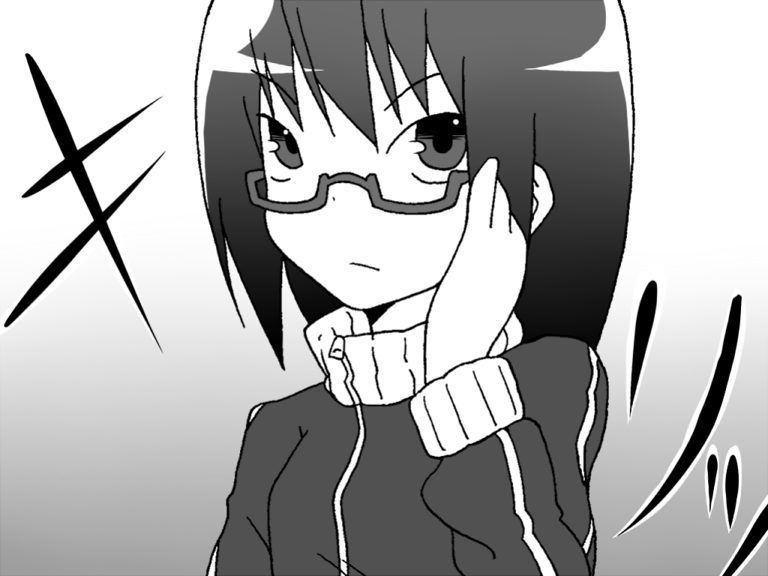 akemi_homura alternate_costume bespectacled bust comic glasses gogiga_gagagigo gradient gradient_background mahou_shoujo_madoka_magica monochrome track_suit turtleneck