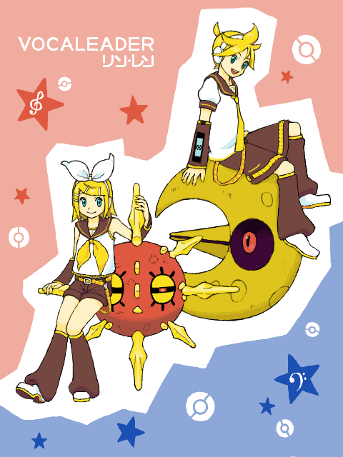 1boy 1girl aqua_eyes bare_shoulders belt blonde_hair bow crossover detached_sleeves hair_ornament headphones kagamine_len kagamine_rin lunatone musical_note necktie poke_ball pokemon pokemon_(creature) short_hair shorts sitting smile solrock star tegaki vocaloid