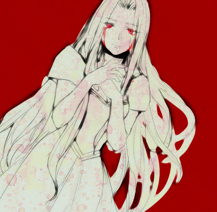 blood bloody_tears dress fate/zero fate_(series) irisviel_von_einzbern long_hair red_background sleeping-satie solo white_hair