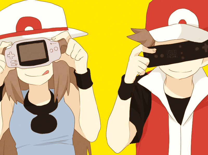 1girl baseball_cap blue_(pokemon) brown_hair controller game_boy_advance hat holding long_hair pokemon pokemon_(game) pokemon_frlg pumpkinpan red_(pokemon) red_(pokemon)_(remake) rimocon_(vocaloid) short_hair simple_background smile tongue vocaloid wii wristband yellow_background