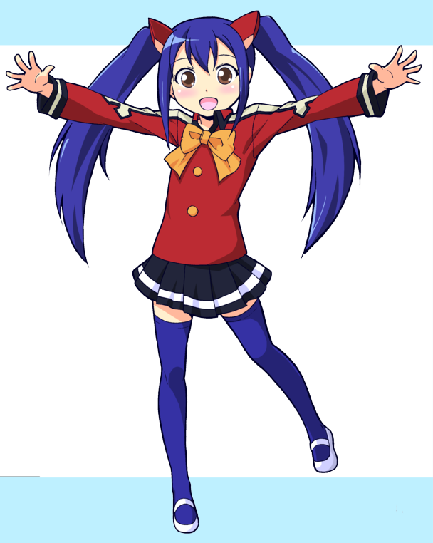 :d blue_hair blue_legwear blush fairy_tail full_body mary_janes masaki_itsuki open_mouth outstretched_arms skirt smile solo spread_arms thigh-highs thighhighs twintails wendy_marvell zettai_ryouiki