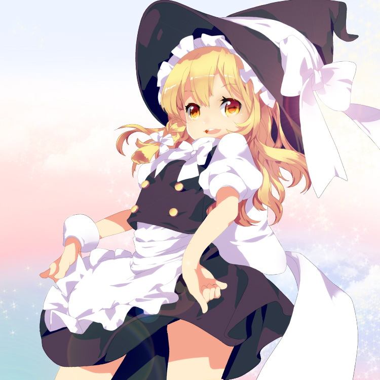 apron blonde_hair bow braid hair_bow hat hat_bow kirisame_marisa long_hair mhz open_mouth puffy_sleeves short_sleeves side_braid single_braid solo standing touhou witch_hat wrist_cuffs yellow_eyes