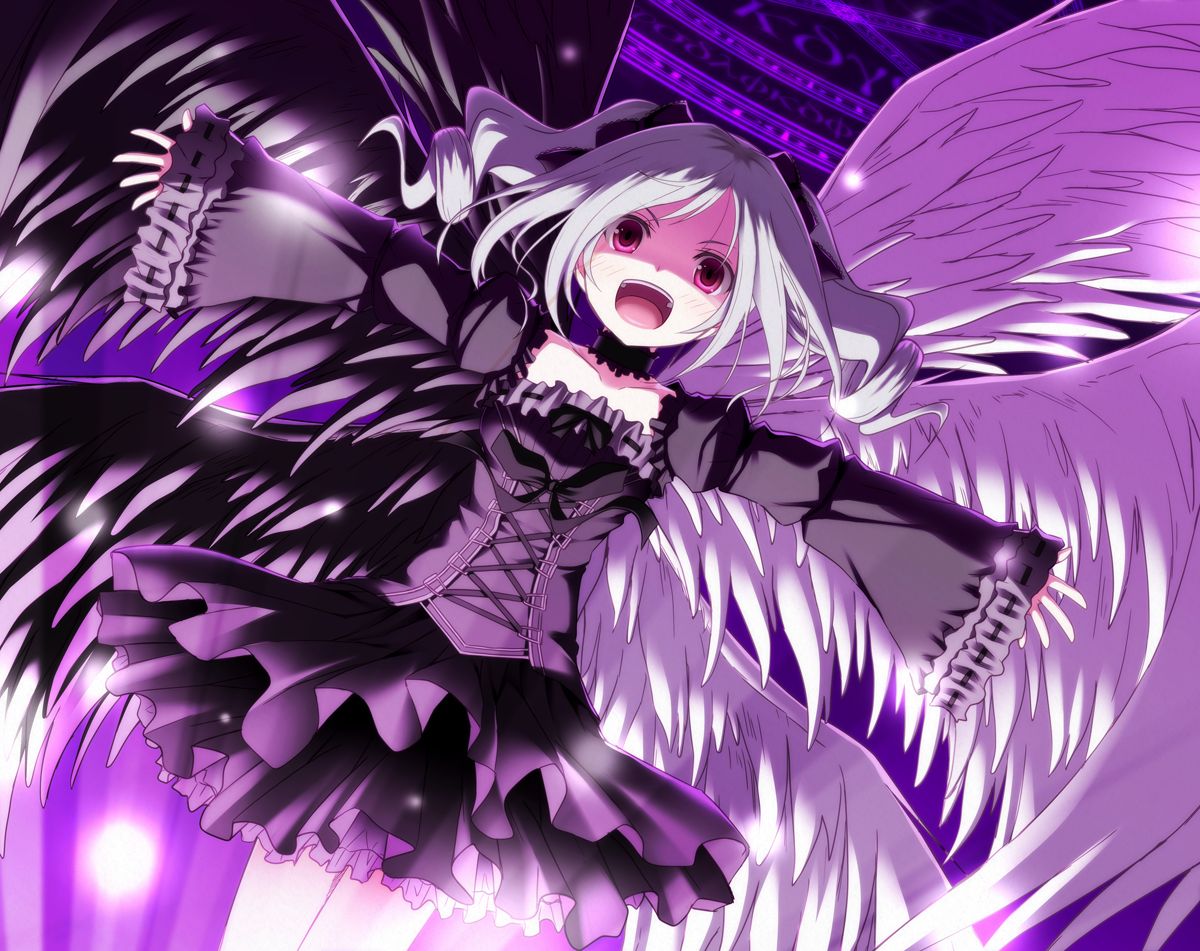 :d character_request dress gothic_lolita idolmaster idolmaster_cinderella_girls kago_no_tori kanzaki_ranko lolita_fashion open_mouth outstretched_arms red_eyes short_hair silver_hair smile solo spread_arms twintails wings