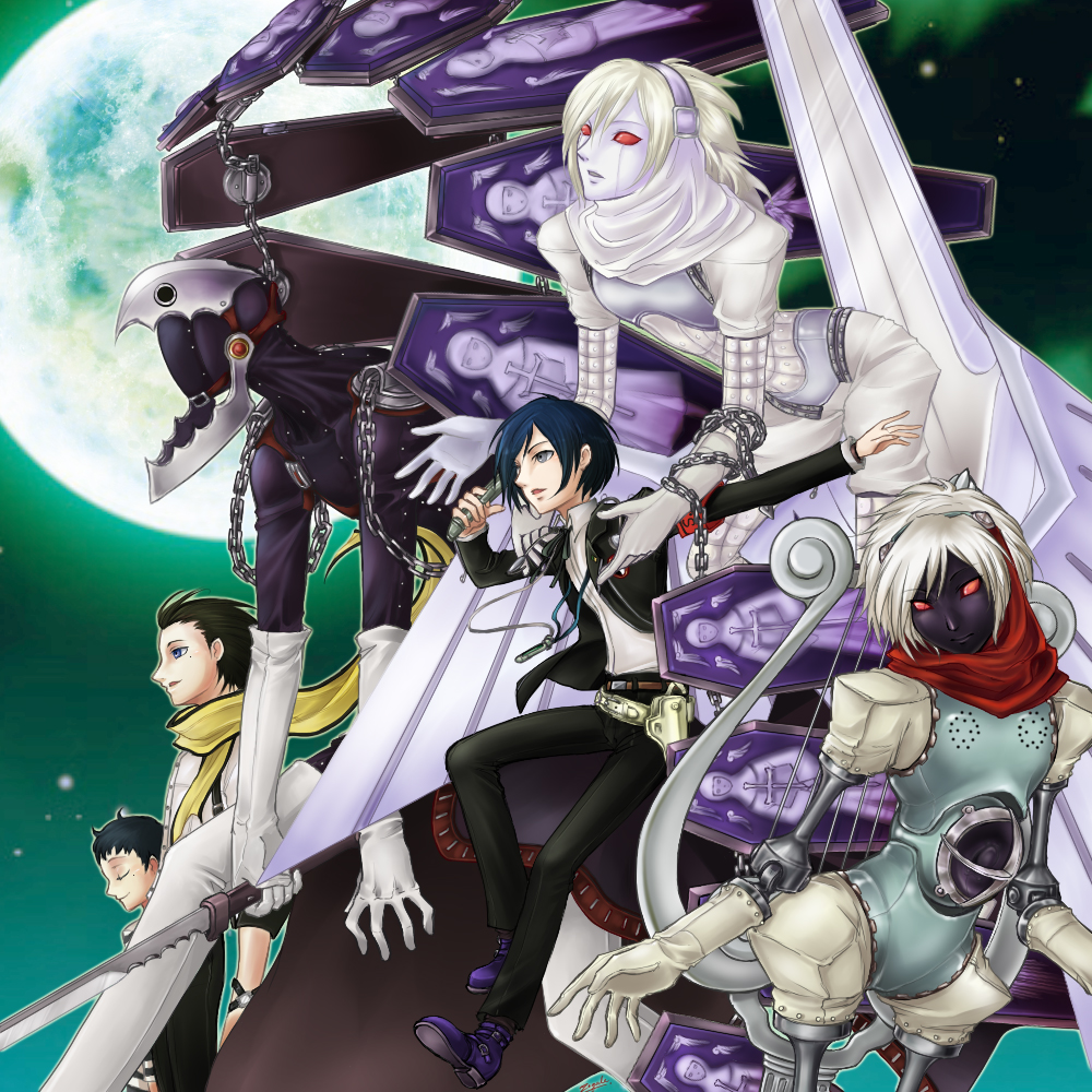 3boys arisato_minato armband black_hair blue_eyes blue_hair chain chains digital_media_player evoker gun gun-to-head headphones male mochizuki_ryouji moon multiple_boys orpheus persona persona_3 pharos red_eyes scarf school_uniform short_hair smile suspenders thanatos weapon