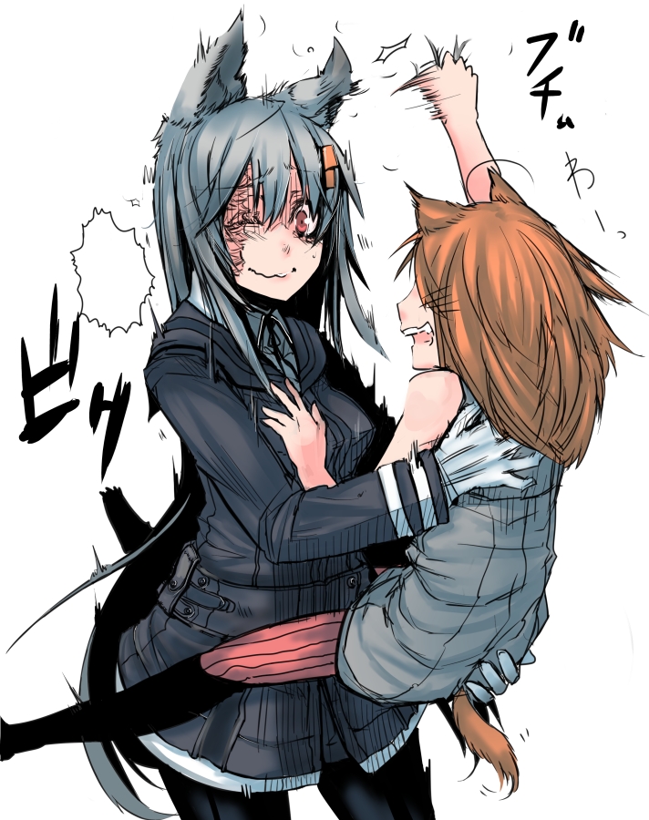 animal_ears ass ass_grab belt brown_hair carrying hair_ornament hair_pull hairclip heizen_(sigama) long_hair multiple_girls original pain pantyhose pixiv_fantasia pixiv_fantasia_5 red_eyes scar sigama tail uniform whiskers white_hair wolf_ears