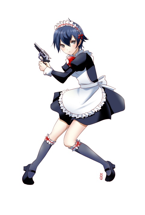 alternate_costume apron dress enmaided grey_eyes gun machinosuke maid maid_headdress persona persona_4 revolver shirogane_naoto short_hair simple_background solo weapon white_background