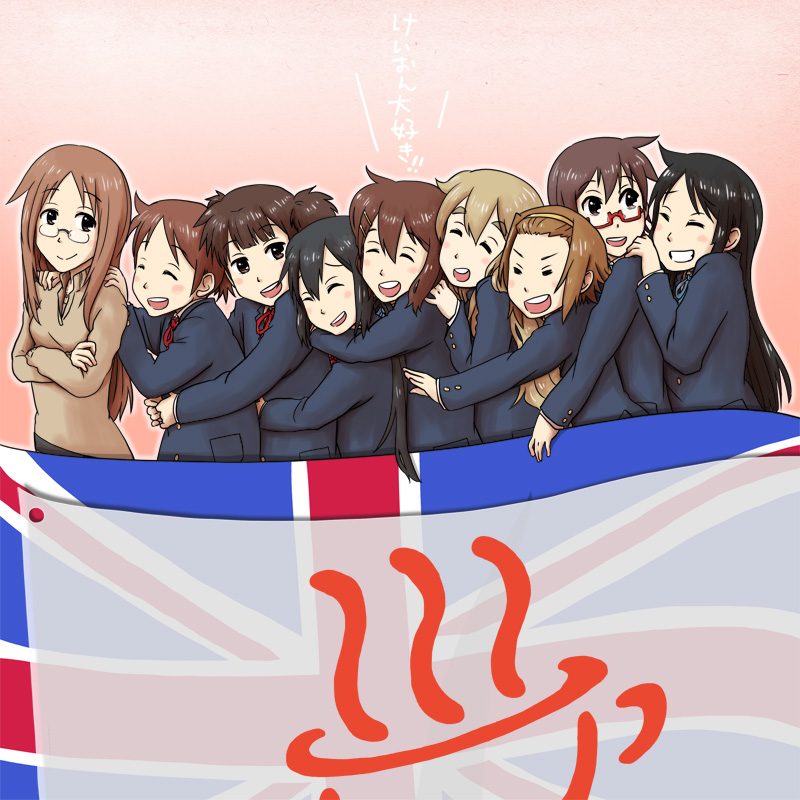 6+girls akiyama_mio bonjin closed_eyes everyone eyes_closed flag glasses hirasawa_ui hirasawa_yui hug k-on! kotobuki_tsumugi manabe_nodoka multiple_girls nakano_azusa school_uniform suzuki_jun tainaka_ritsu translated union_jack yamanaka_sawako