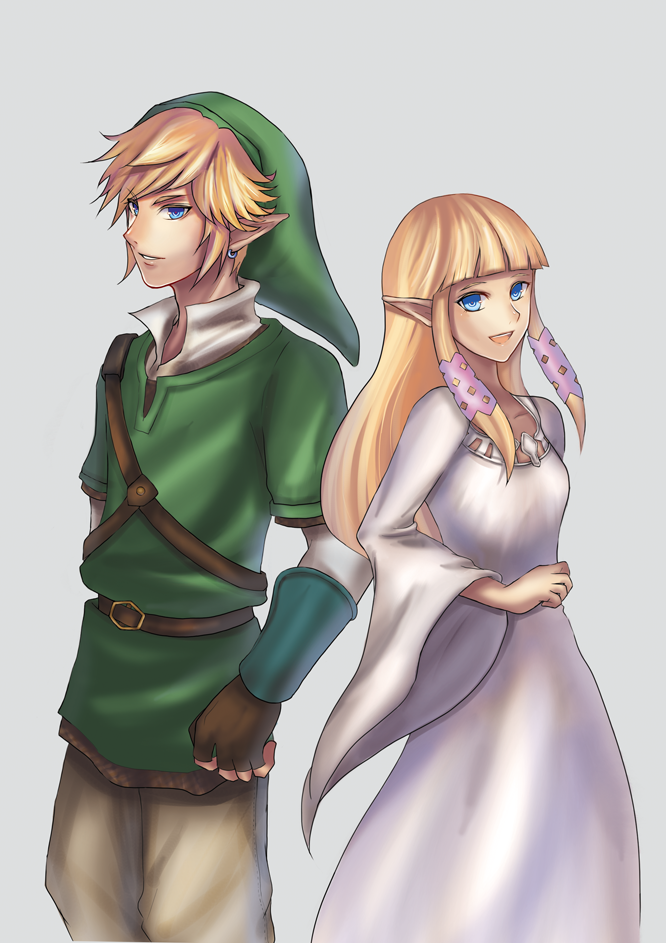 belt blonde_hair blue_eyes earrings elf gloves jewelry link long_hair nintendo pointy_ears princess_zelda skyward_sword smile the_legend_of_zelda