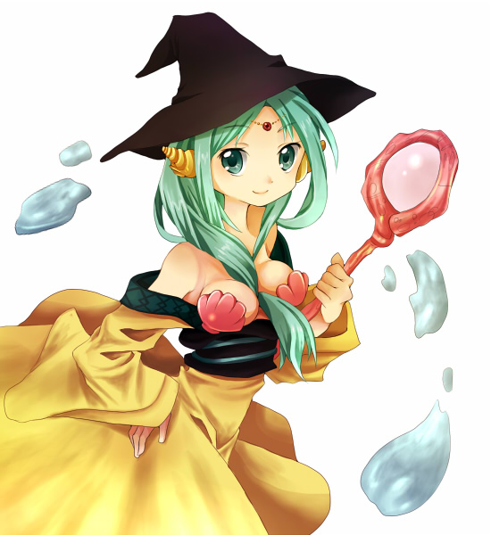 1girl aqua_eyes aqua_hair bare_shoulders between_breasts breasts hat jewelry long_hair looking_at_viewer magi_the_labyrinth_of_magic magic off_shoulder robe shell shell_bikini simple_background smile solo staff tachibana_beni water white_background witch_hat yamuraiha