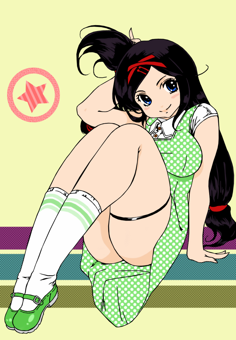 arm_support black_hair blacknoise06 blue_eyes blush_stickers breasts casual dress hair_ribbon hand_in_hair knees_together_feet_together large_breasts long_hair low-tied_long_hair mary_janes nazume_mikuru polka_dot polka_dot_dress ribbon shoes sitting smile socks solo sundress thick_thighs thigh_strap thighs white_legwear yellow_background zero_in