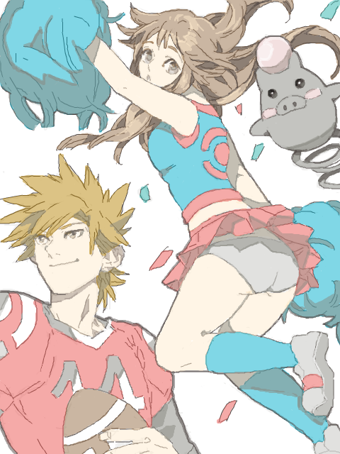 1boy 1girl alternate_costume ball blue_(pokemon) brown_eyes brown_hair cheerleader football long_hair ookido_green panties pantyshot pokemon pokemon_(creature) pokemon_(game) pokemon_frlg rotasu skirt spoink tegaki underwear