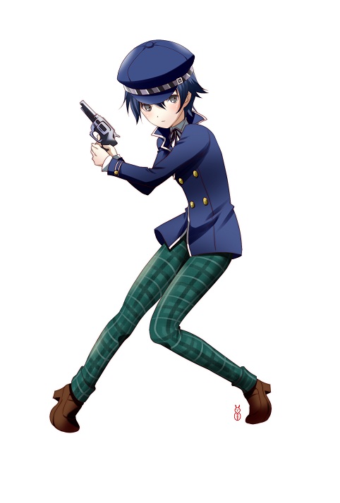 androgynous cabbie_hat female grey_eyes gun hat machinosuke persona persona_4 reverse_trap revolver school_uniform shirogane_naoto short_hair simple_background solo tomboy weapon white_background