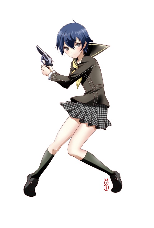 grey_eyes gun houndstooth machinosuke persona persona_4 revolver school_uniform serafuku shirogane_naoto short_hair simple_background skirt solo weapon white_background