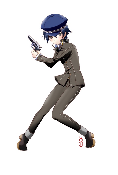 androgynous cabbie_hat female grey_eyes gun hat machinosuke persona persona_4 reverse_trap revolver school_uniform shirogane_naoto short_hair simple_background solo tomboy weapon white_background