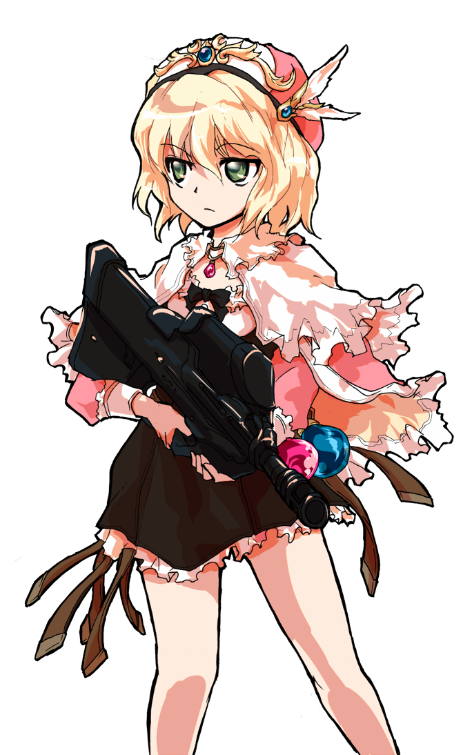 alice_margatroid alphes_(style) assault_rifle atelier_(series) atelier_rorona blonde_hair bow bullpup capelet dress fn_f2000 frills gem green_eyes gun hat jewelry parody pendant rifle rororina_fryxell rororina_fryxell_(cosplay) simple_background solo style_parody touhou towie transparent_background weapon wings