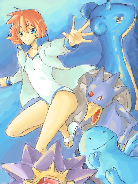 blue_background blue_eyes golduck jacket kasumi_(pokemon) lapras misty_(pokemon) one-piece_swimsuit orange_hair pokemon pokemon_(game) pokemon_hgss quagsire sandals short_hair smile starmie swimsuit tegaki