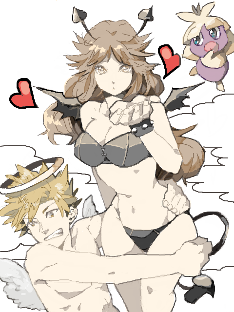 1boy 1girl alternate_costume angel angel_wings bare_shoulders bat_wings blue_(pokemon) bra breasts brown_eyes brown_hair devil holding kiss long_hair ookido_green panties pokemon pokemon_(creature) pokemon_(game) pokemon_frlg rotasu smoochum underwear wings