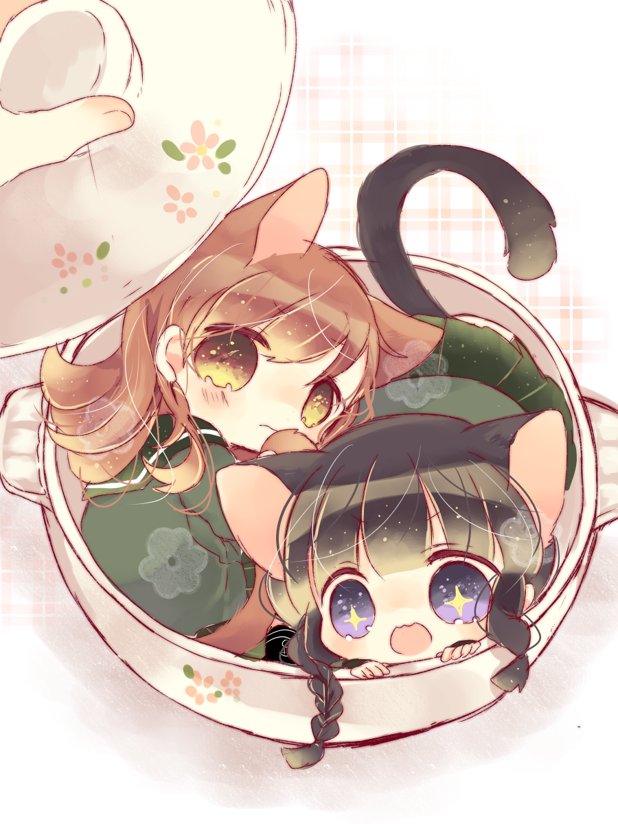 2girls :3 animal_ears black_hair blue_eyes braid brown_eyes brown_hair cat_ears cat_tail chibi highres kantai_collection kemonomimi_mode kitakami_(kantai_collection) multiple_girls ooi_(kantai_collection) open_mouth personification pot ppppa star star-shaped_pupils symbol-shaped_pupils tail tears