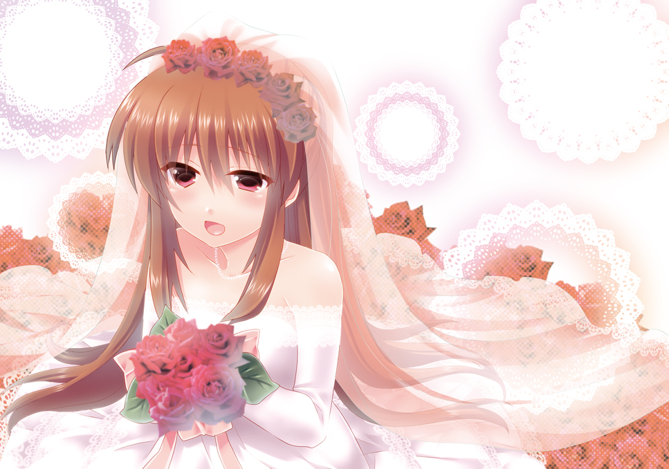bouquet bridal_veil brown_hair dress flower hano_(keepon_haruka) little_busters!! long_hair natsume_rin red_eyes rose veil wedding_dress