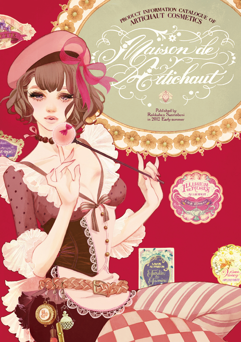 2012 art_nouveau asymmetrical_legwear belt beret brown_hair corset cover cover_page fingernails french frilled_sleeves frills hat jewelry lips long_fingernails looking_at_viewer matsuo_hiromi nail_polish necklace original pantyhose pearl pocket_watch polka_dot red_background ribbon short_hair striped striped_legwear watch