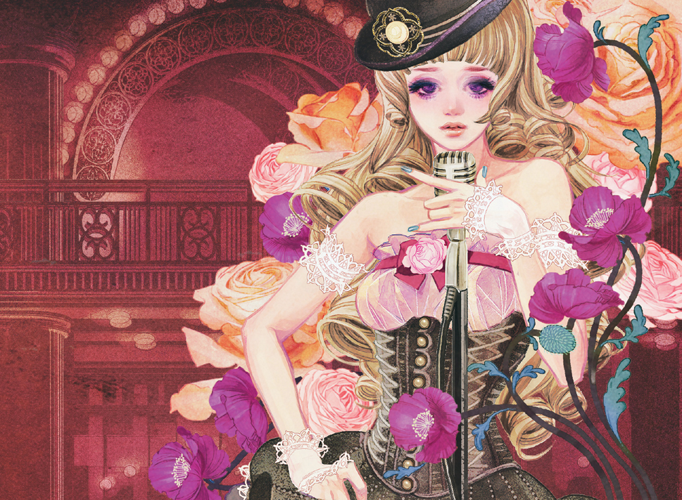 architecture arm_strap bangs bare_shoulders blonde_hair blunt_bangs copyright_request corset drill_hair eyeshadow fingerless_gloves flower gloves hat lace lips makeup matsuo_hiromi microphone nail_polish orange_rose parted_lips pink_rose rose solo