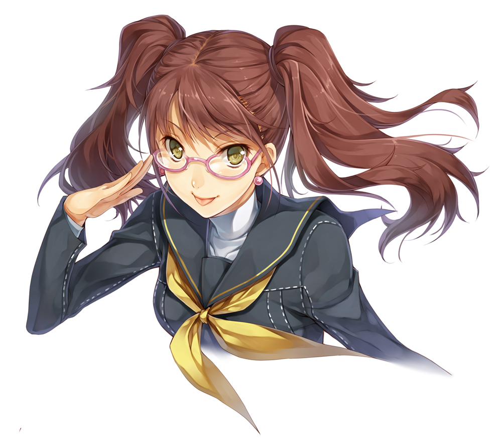 adjusting_glasses brown_hair bust earrings glasses jewelry keg kujikawa_rise persona persona_4 pink-framed_glasses school_uniform solo tongue twintails white_background yellow_eyes