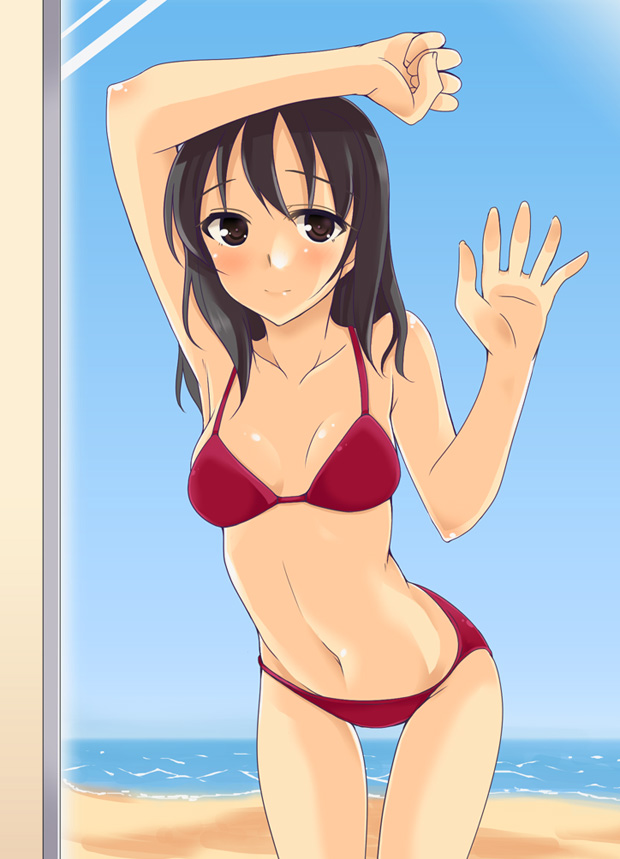 against_glass beach bikini black_hair brown_eyes fujiwara_hajime gokubuto_mayuge idolmaster idolmaster_cinderella_girls ocean original red_bikini short_hair sky solo swimsuit