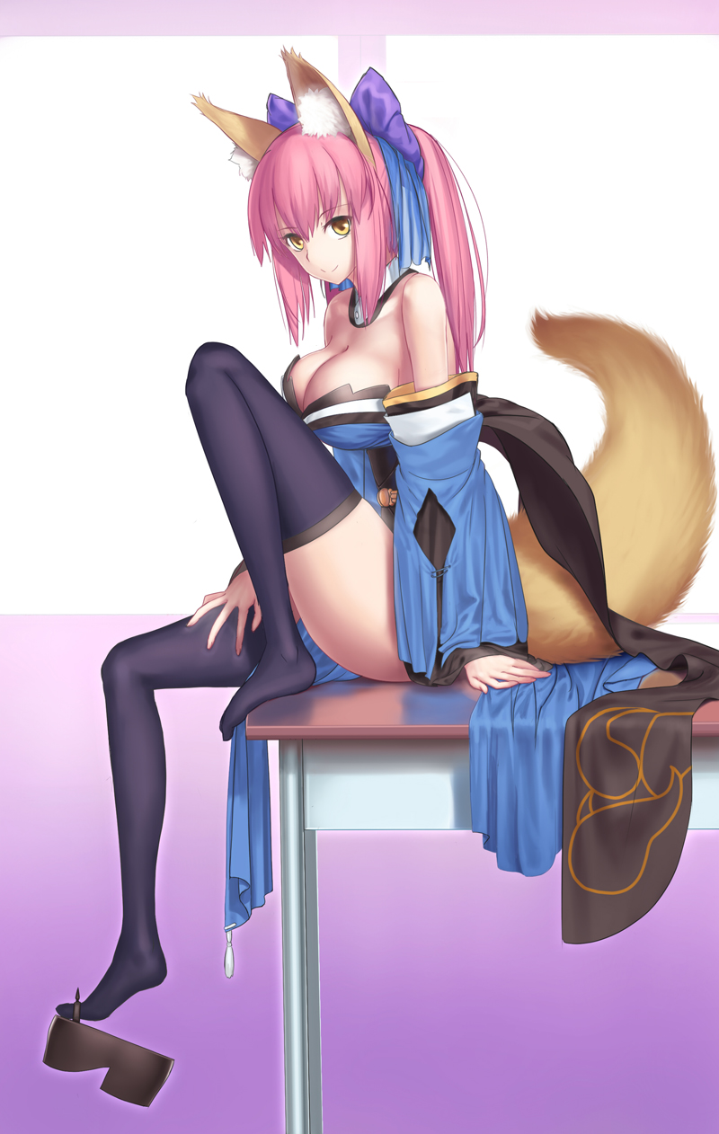 animal_ears bare_shoulders black_legwear breasts caster_(fate/extra) cleavage detached_sleeves fate/extra fate_(series) feet fox_ears fox_tail highres legs long_hair long_legs no_shoes pink_hair ponytail shoe_dangle single_shoe sitting smile solo table tail thigh-highs thighhighs thighs tsukikanade yellow_eyes
