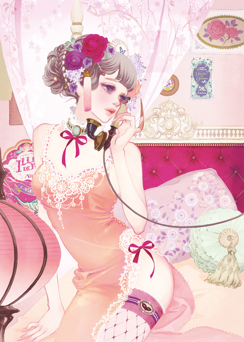 bare_shoulders bed brown_hair choker curtains eyelashes fishnet_legwear fishnets flower hair_flower hair_ornament hair_up hairclip lace lamp lips looking_away matsuo_hiromi mole original parted_lips phone pillow pink rose side_slit sitting solo thigh-highs thighhighs