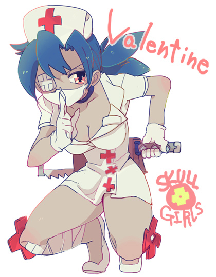 bandage bandages blue_hair body_blush breasts character_name cleavage eyepatch flats gloves hat nurse nurse_cap pale_skin ponytail rawan red_eyes saw simple_background skullgirls solo squatting surgical_mask title_drop valentine_(skullgirls) weapon white_background white_glove white_gloves