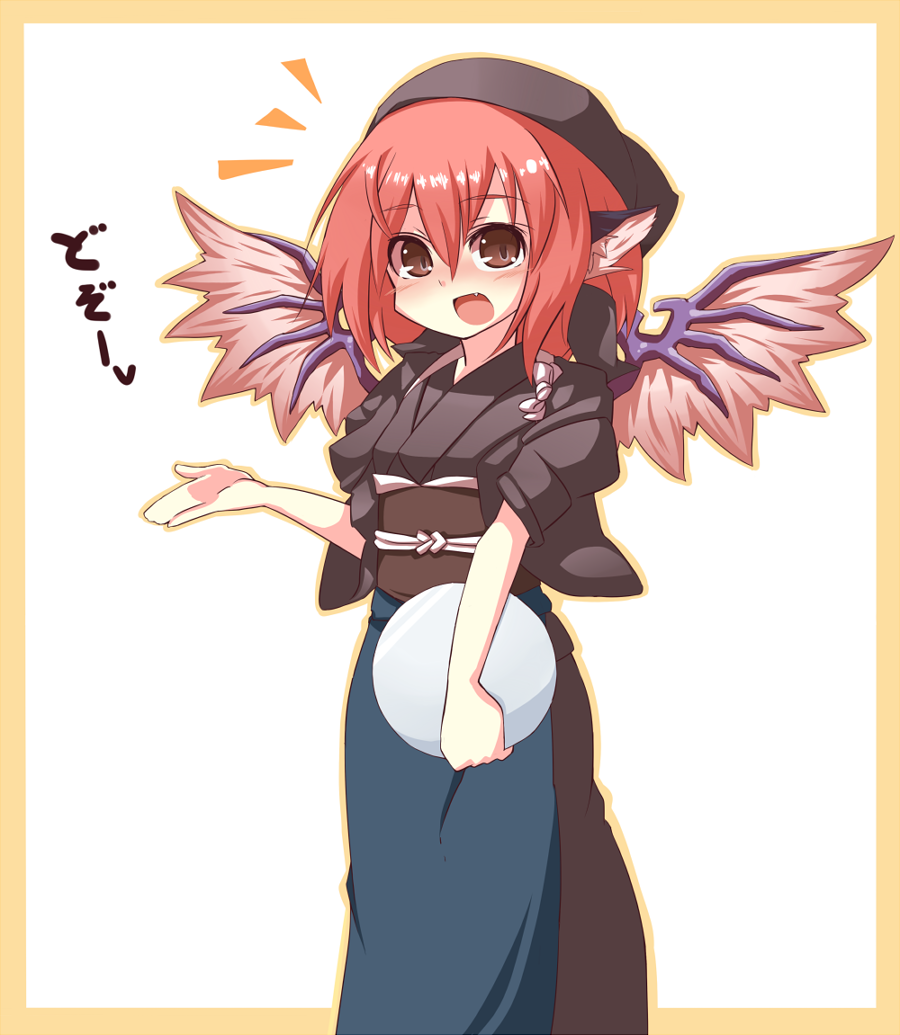 1girl alternate_costume animal_ears bird_wings blush brown_eyes fang japanese_clothes kikiriri mystia_lorelei obi okamisty open_mouth red_hair redhead short_sleeves solo standing touhou tray wide_sleeves wings