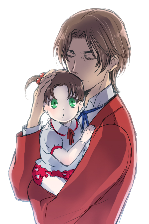 1boy 1girl age_difference baby brown_hair closed_eyes cute eyes_closed facial_hair fate/zero fate_(series) father_and_daughter formal goatee green_eyes jonohara side_ponytail suit tohsaka_rin tohsaka_tokiomi toosaka_rin toosaka_tokiomi young