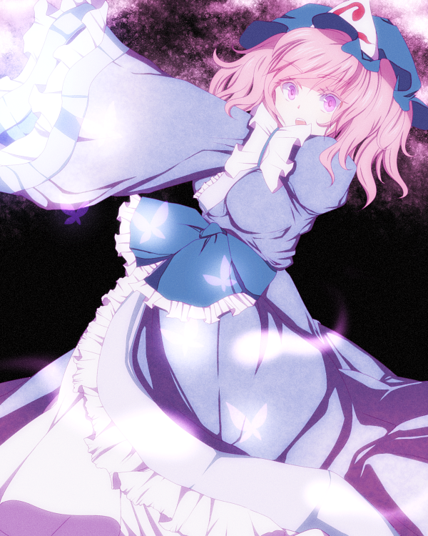 bow frills hat long_skirt long_sleeves open_mouth outstretched_arms pink_eyes pink_hair saigyouji_yuyuko skirt solo touhou triangular_headpiece wide_sleeves yuha_(yh-krm)