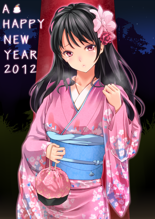 2012 amasora_taichi black_hair blush breasts e flower hair_flower hair_ornament holding japanese_clothes kimono large_breasts long_hair looking_at_viewer new_year night night_sky open_clothes open_robe original red_eyes sky solo star_(sky)