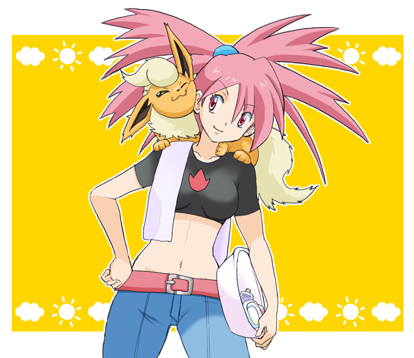 1girl :3 asuna_(pokemon) belt big_hair breasts carrying crop_top flareon gym_leader hand_on_hip hips jeans midriff navel pink_eyes pink_hair pokemon pokemon_(creature) pokemon_(game) pokemon_rse ponytail scrunchie shoulder_carry sisibou wash_cloth washpan yellow_background