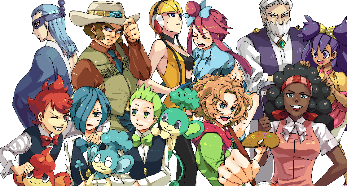 aloe_(pokemon) arty_(pokemon) asurafkmt black_hair blonde_hair blue_hair brown_hair brush corn_(pokemon) cowboy_hat dark_skin dent_(pokemon) fuuro_(pokemon) green_hair gym_leader hachiku_(pokemon) hat iris_(pokemon) kamitsure_(pokemon) oekaki palette panpour pansage pansear pod_(pokemon) pokemon pokemon_(game) pokemon_bw shaga_(pokemon) vest waistcoat white_hair yacon_(pokemon)