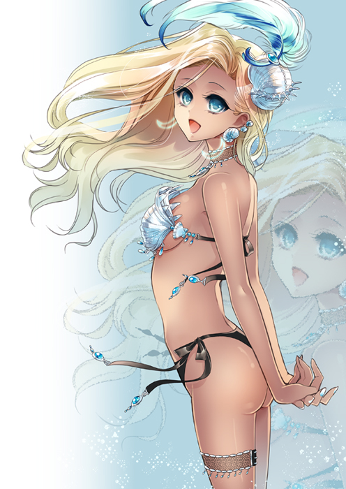 1girl bikini blonde_hair blue_eyes long_hair original shell smile solo swimsuit yuina0099 zoom_layer