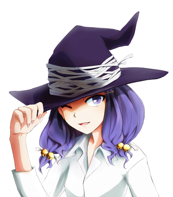 adult ayase_yue bell bust fingernails hair_bell hair_ornament hairclip hat long_fingernails long_nails mahou_sensei_negima! purple_eyes purple_hair scary_v2 smile tipping_hat violet_eyes wink witch_hat