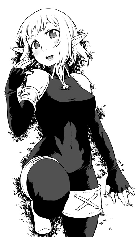 1girl armlet bare_shoulders blush boots breasts clothed_navel cra elbow_gloves elf evangelyne fingerless_gloves freckles gloves leotard monochrome on_back pointy_ears solo thigh-highs thigh_boots tsukudani_(coke-buta) wakfu