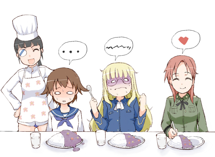 4girls apron bad_food black_hair blonde_hair brown_hair chef_hat chinchilla curry eyepatch food glasses hat heart minna-dietlinde_wilcke miyafuji_yoshika multiple_girls o_o perrine_h_clostermann sakamoto_mio strike_witches sweatdrop toque_blanche